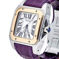 Pre Owned Cartier Silver 18k Rose Gold Stainless Steel Alligator Santos 100 2878 Women's Wristwatch 33 mm