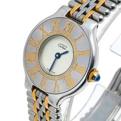 Pre Owned Cartier Cream 18K Yellow Gold and Stainless Steel Must De Cartier 21 125000P Women's Wristwatch 28 mm