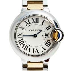 Pre Owned Cartier White 18K Yellow Gold Stainless Steel Ballon Blue W69007Z3 Women's Wristwatch 29 MM