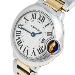 Pre Owned Cartier White 18K Yellow Gold Stainless Steel Ballon Blue W69007Z3 Women's Wristwatch 29 MM