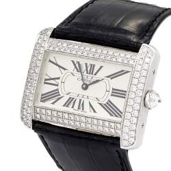 Pre Owned Cartier Cream 18k White Gold Diamond Alligator Tank Divan 2614 Women's Wristwatch 38 mm