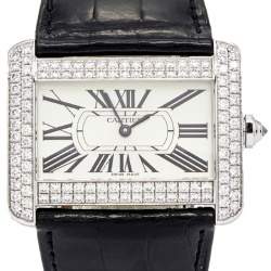 Pre Owned Cartier Cream 18k White Gold Diamond Alligator Tank Divan 2614 Women's Wristwatch 38 mm