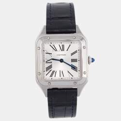 Pre Owned Cartier Silver Stainless Steel Alligator Santos Dumont WSSA0023 Women's Wristwatch 27.5 mm
