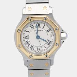 Pre Owned Cartier Cream 18K yellow Gold Stainless Steel Santos de Cartier 187903 Women's Wristwatch 24 mm