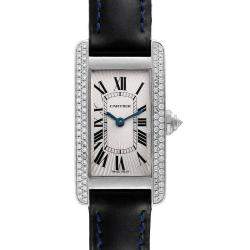 Cartier Silver Diamonds 18K White Gold Tank Americaine WB701851 Women's Wristwatch 19 mm