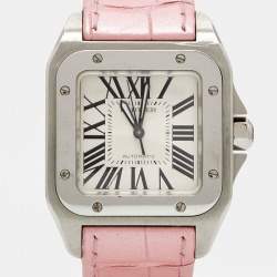 مملوكة مسبقًا Cartier White Stainless Steel Alligator Leather Santos 100 W20126X8 Women's Wristwatch 35 mm
