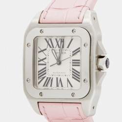 مملوكة مسبقًا Cartier White Stainless Steel Alligator Leather Santos 100 W20126X8 Women's Wristwatch 35 mm