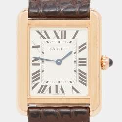 Pre Owned Cartier Silver 18k Rose Gold Alligator Tank Solo W5200024 Women's Wristwatch 24 mm