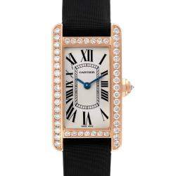 Cartier Silver Diamond 18k Rose Gold Tank Americaine WJTA0002 Quartz Women's Wristwatch 19 mm