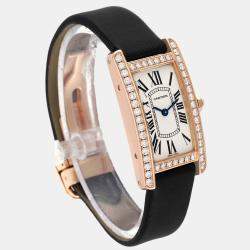 Cartier Silver Diamond 18k Rose Gold Tank Americaine WJTA0002 Quartz Women's Wristwatch 19 mm