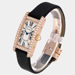 Cartier Silver Diamond 18k Rose Gold Tank Americaine WJTA0002 Quartz Women's Wristwatch 19 mm