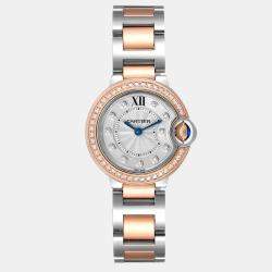 Cartier Silver Diamond 18k Rose Gold And Stainless Steel Ballon Bleu W3BB0009 Quartz Women's Wristwatch 28 mm