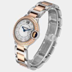 Cartier Silver Diamond 18k Rose Gold And Stainless Steel Ballon Bleu W3BB0009 Quartz Women's Wristwatch 28 mm