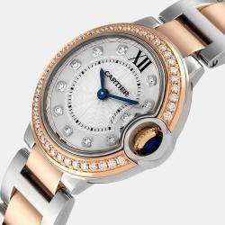 Cartier Silver Diamond 18k Rose Gold And Stainless Steel Ballon Bleu W3BB0009 Quartz Women's Wristwatch 28 mm