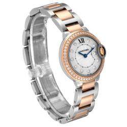 Cartier Silver Diamond 18k Rose Gold And Stainless Steel Ballon Bleu W3BB0009 Quartz Women's Wristwatch 28 mm