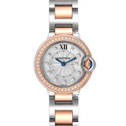 Cartier Silver Diamond 18k Rose Gold And Stainless Steel Ballon Bleu W3BB0009 Quartz Women's Wristwatch 28 mm