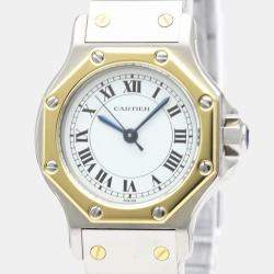 مملوكة مسبقًا Cartier White 18k Yellow Gold And Stainless Steel Santos Octagon Automatic Women's Wristwatch 24 mm