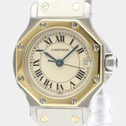 Pre Owned Cartier White 18k Yellow Gold And Stainless Steel Santos 187903 Quartz Women's Wristwatch 24 mm