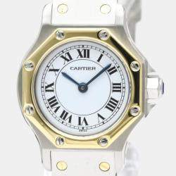Pre Owned Cartier White 18k Yellow Gold And Stainless Steel Santos Octagon Automatic Women's Wristwatch 24 mm