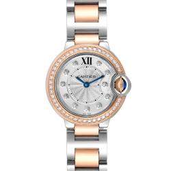 Cartier Silver Diamond 18k Rose Gold And Stainless Steel Ballon Bleu W3BB0009 Quartz Women's Wristwatch 28 mm