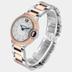 Cartier Silver Diamond 18k Rose Gold And Stainless Steel Ballon Bleu W3BB0009 Quartz Women's Wristwatch 28 mm