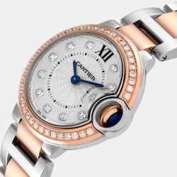 Cartier Silver Diamond 18k Rose Gold And Stainless Steel Ballon Bleu W3BB0009 Quartz Women's Wristwatch 28 mm