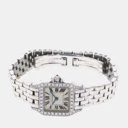 Cartier Silver Diamond 18k White Gold Santos Demoiselle WF9003Y8 Quartz Women's Wristwatch 21 mm