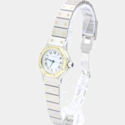 Pre Owned Cartier White 18K Yellow Gold And Stainless Steel Santos Octagon Women's Wristwatch 24 mm