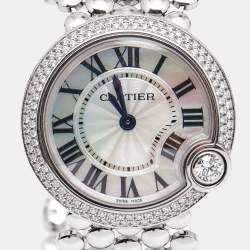 Pre Owned Cartier Mother Of Pearl 18k White Gold Diamonds Ballon Blanc De Cartier WE902072 Women's Wristwatch 30 mm