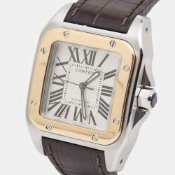 Pre Owned Cartier Silver 18k Rose Gold Stainless Steel Alligator Santos 100 W20107X7 Unisex Wristwatch 33 mm 