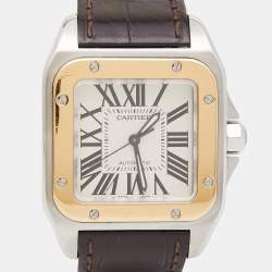 Pre Owned Cartier Silver 18k Rose Gold Stainless Steel Alligator Santos 100 W20107X7 Unisex Wristwatch 33 mm 