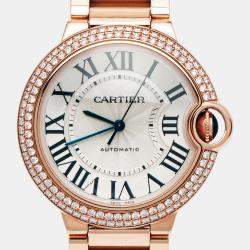 Pre Owned Cartier Silver Diamond 18K Rose Gold Ballon Bleu WJBB0005 Automatic Women's Wristwatch 36MM