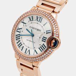 Pre Owned Cartier Silver Diamond 18K Rose Gold Ballon Bleu WJBB0005 Automatic Women's Wristwatch 36MM