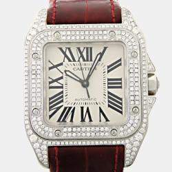Pre Owned Cartier Silver Diamonds Stainless Steel Santos 100 W20126X8 Women's Wristwatch 33 mm