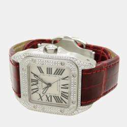 Pre Owned Cartier Silver Diamonds Stainless Steel Santos 100 W20126X8 Women's Wristwatch 33 mm