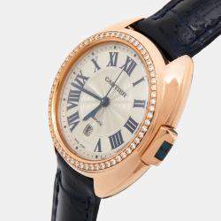 Pre Owned Cartier Silver Diamond 18K Rose Gold Alligator Leather Clé de Cartier WJCL0047 Women's Wristwatch 31 mm