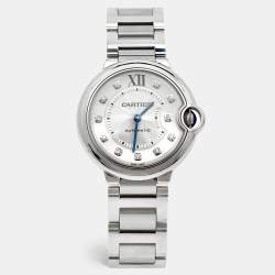 Pre Owned Cartier Silver Diamond Stainless Steel Ballon Bleu WE902075 Women's Wristwatch 36 mm