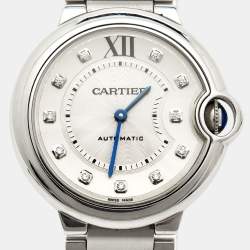 Pre Owned Cartier Silver Diamond Stainless Steel Ballon Bleu WE902075 Women's Wristwatch 36 mm