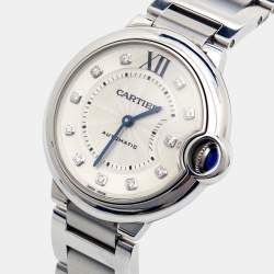 Pre Owned Cartier Silver Diamond Stainless Steel Ballon Bleu WE902075 Women's Wristwatch 36 mm