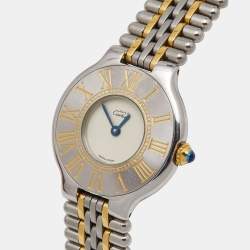 Pre Owned Cartier Cream 18k Yellow Gold Stainless Steel Must 21 Women's Wristwatch 28 mm 