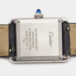 Pre Owned Cartier Silver Stainless Steel Leather Tank WSTA0042 Women's Wristwatch 22 mm 