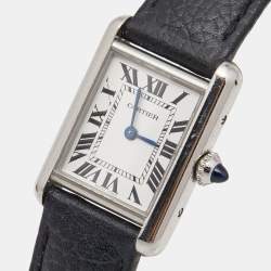 Pre Owned Cartier Silver Stainless Steel Leather Tank WSTA0042 Women's Wristwatch 22 mm 