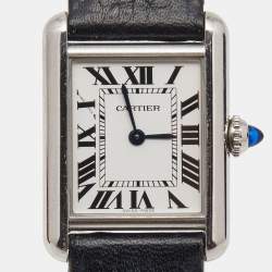 Pre Owned Cartier Silver Stainless Steel Leather Tank WSTA0042 Women's Wristwatch 22 mm 