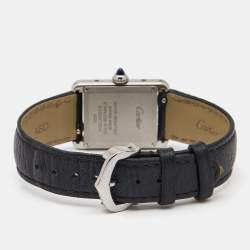 Pre Owned Cartier Silver Stainless Steel Leather Tank WSTA0042 Women's Wristwatch 22 mm 