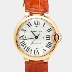 Pre Owned Cartier Silver 18K Rose Gold Alligator Leather Ballon Bleu 3003 Women's Wristwatch 36 MM
