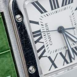 Pre Owned Cartier Silver White Stainless Steel Alligator Leather Santos 100 W20073X8 Men's Wristwatch 38 mm