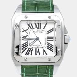 Pre Owned Cartier Silver White Stainless Steel Alligator Leather Santos 100 W20073X8 Men's Wristwatch 38 mm