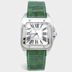 Pre Owned Cartier Silver White Stainless Steel Alligator Leather Santos 100 W20073X8 Men's Wristwatch 38 mm