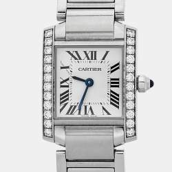 Pre Owned Cartier Silver Stainless Steel Diamond Tank Francaise W4TA0008 Women's Wristwatch 20 mm