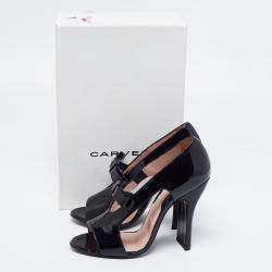  Carven Black Patent Leather Bow Cut-Out Sandals Size 37